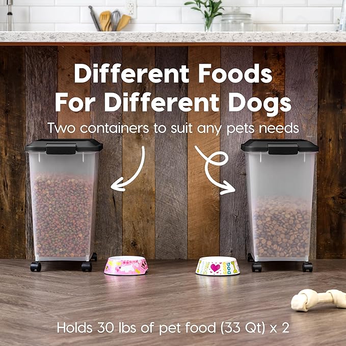 IRIS USA Dog Food Storage Container, 2 Pack, Up to 30 lbs Each, Airtight Seal for Freshness, Wheels for Rolling, Easy One Hand Opening, Made in USA, BPA Free, Clear/Black
