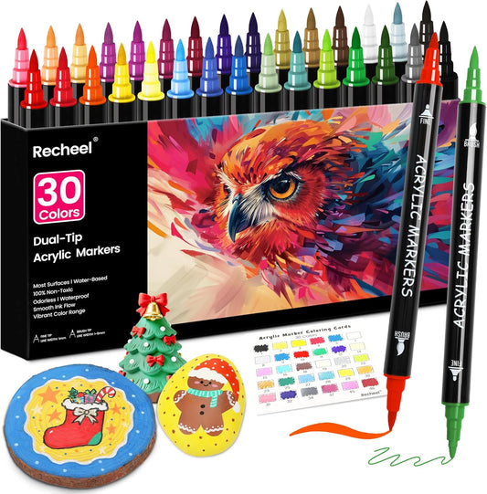 30 Colors Acrylic Paint Markers, Dual Tip Fine and Brush Tips for Detailed Art, Crafting, Rock Painting, Wood, Glass, Ceramic, and More