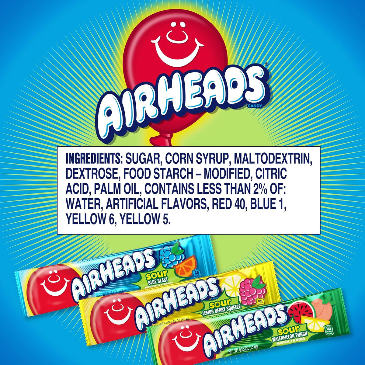 Airheads Mini SOURS Candy Bars, Sour Watermelon Punch, Blue Blast, and Lemon Berry Squeeze 12oz Variety Bag