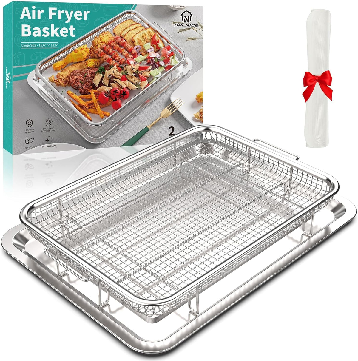 Air Fryer Basket for Oven, OPENICE 15.3" x 11.0" Large Air Fryer Tray and Pan with 30PCS Parchment Papers, Stainless Steel Oven Air Fryer Basket and Tray for Baking Grilling