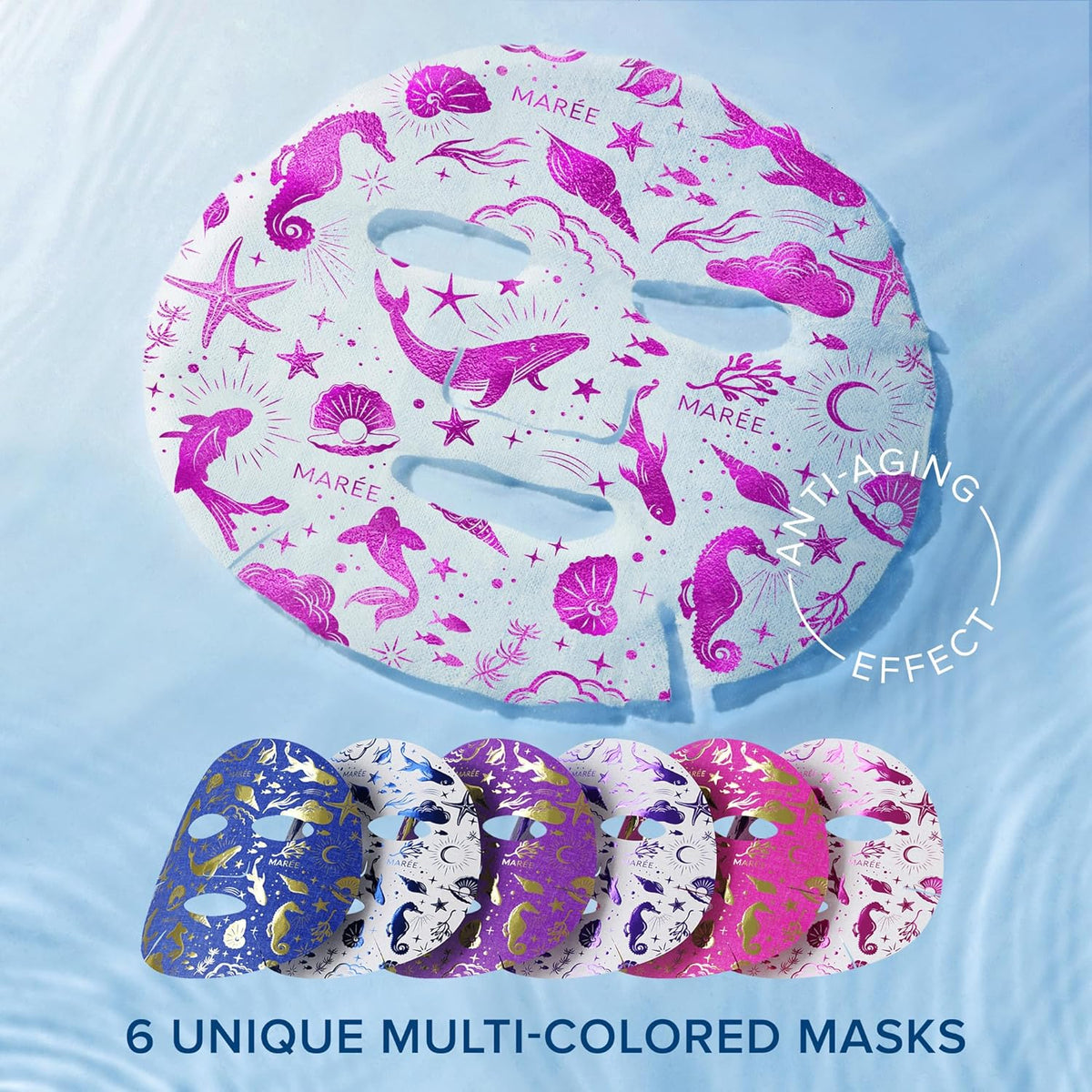 MAREE Collagen Facial Mask with Hyaluronic Acid — Sheet Face Mask Skincare — Centella Asiatica, Green & Red Algae Extract — Hydrating Facemask For Women Skin Care — Mascarillas Para La Cara — 6 Count