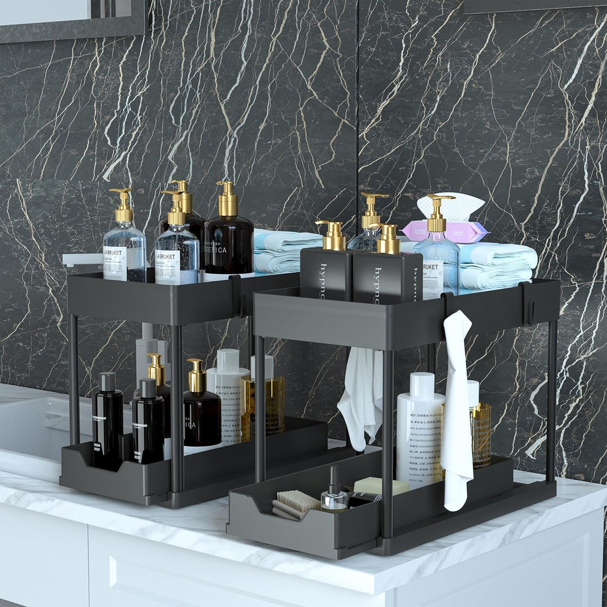 DEKAVA Under Sink Organizer 2 Pack, Bathroom Cabinet Organizer, 2 Tier Sliding Cabinet Basket Organizer Drawer, Multi-Purpose Bath Collection Baskets for Bathroom (Black)
