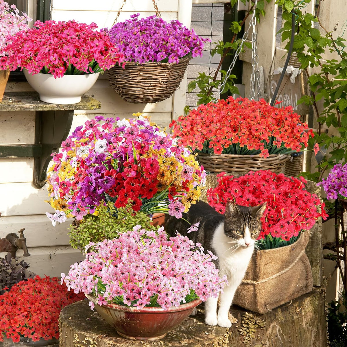 24 Bundles Artificial Flowers for Outdoor,No Fade Fake Plastic Flowers Faux Plants for Decoration Hanging Planters Indoor Outside Garden Porch Window Box Home Wedding Farmhouse