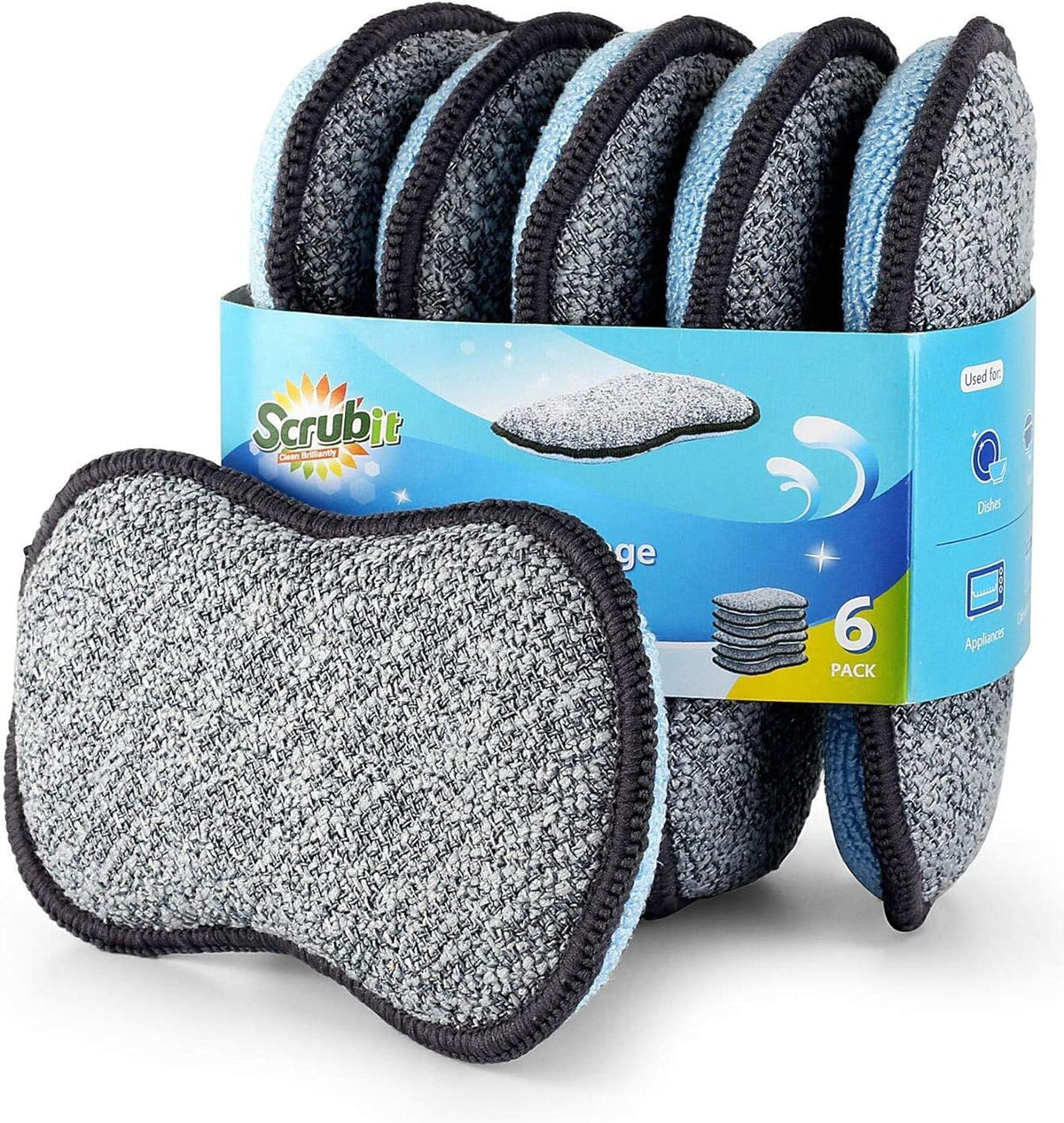 Multi-Purpose Sponges Kitchen by Scrub-it - Non-Scratch Microfiber sponges for Cleaning, Along with Heavy Duty Scrubbing Power - Reusable Dish Sponge for Dishes, Pots and Pans (6 Pack, Small)