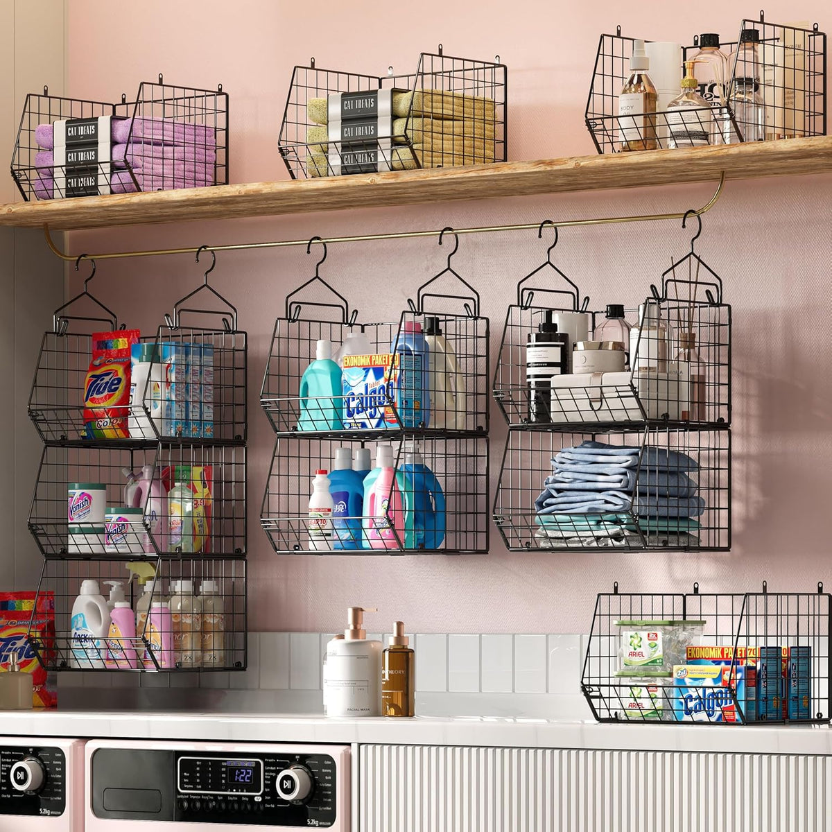 5 Tier Closet Hanging Organizer, Clothes Hanging Shelves with 4 Hanging Hooks 5 S Hooks, Wire Storage Basket Bins, for Clothing Sweaters Shoes Handbags Clutches Accessories Patent Design