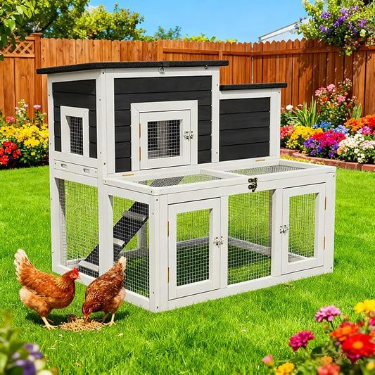 Outdoor Chicken Coops for 2-4 Chickens, All Weather Used Wooden Quail Cage Duck Coop Outdoor with Asphalt Roof, Ramp Openable Top Pull-Out Tray for Small Animals (White2)