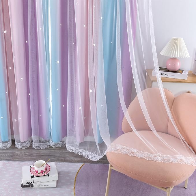 XiDi Girls Curtains for Bedroom, Princess Unicorn Wall Decals Pink 63 Inches