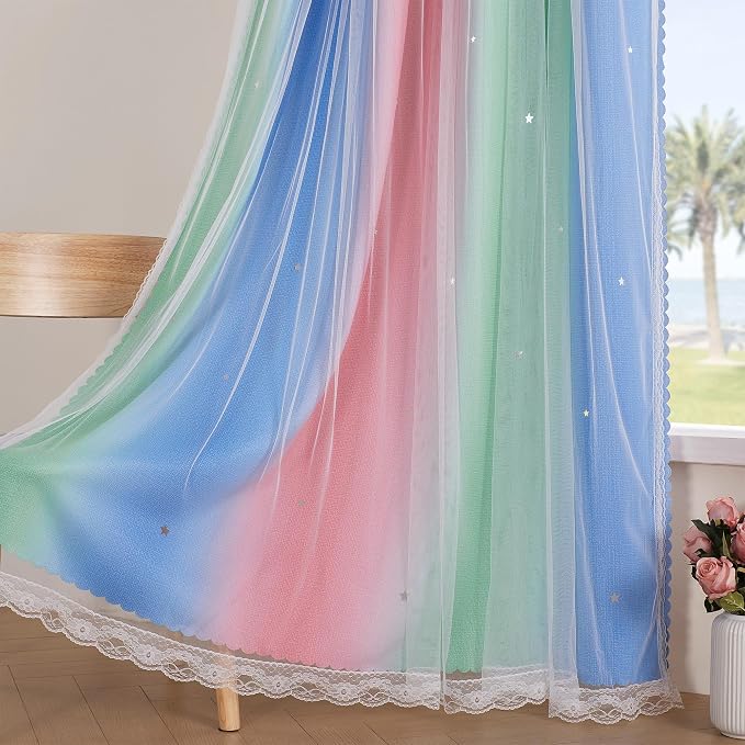 XiDi Curtains for Bedroom Decor, Rainbow Pink GreenBlue34/90/1