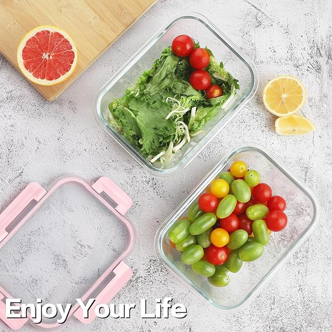 10 Pack Borosilicate Glass Meal Prep Containers with Locking Lids, Glass Food Storage Containers Set, Airtight Lunch Bento Boxes, BPA-Free & Leak Proof, 36oz & 14oz, Freezer, Oven Safe-Pink