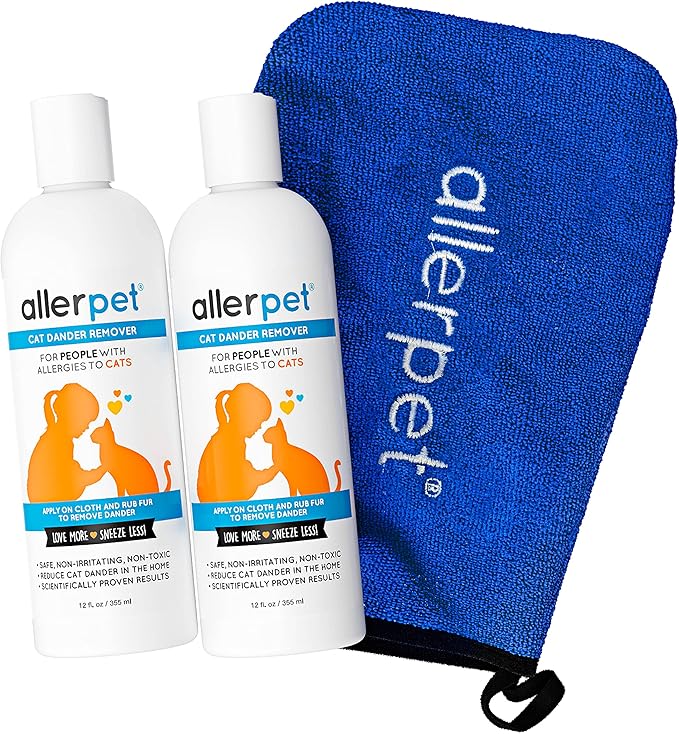 Allerpet Cat Dander Remover w/Free Applicator Mitt - Effective Cat Dander Reduction - Anti Allergen Solution Made in USA - 2 Pack (12oz)