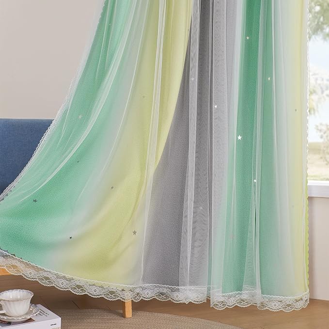 XiDi Curtains for Bedroom Decor, Rainbow GreenYellowGrey52/45/1