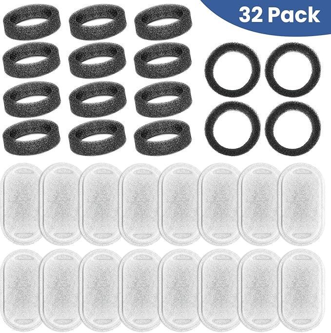 Cat Water Fountain Filters Replacement, 16 Pcs Pet Water Fountain Filter with 16 Pcs Foam Sponges for 67oz/2L & 108oz/3.2L Stainless Steel Pet Cat Water Fountain Dispenser Filters