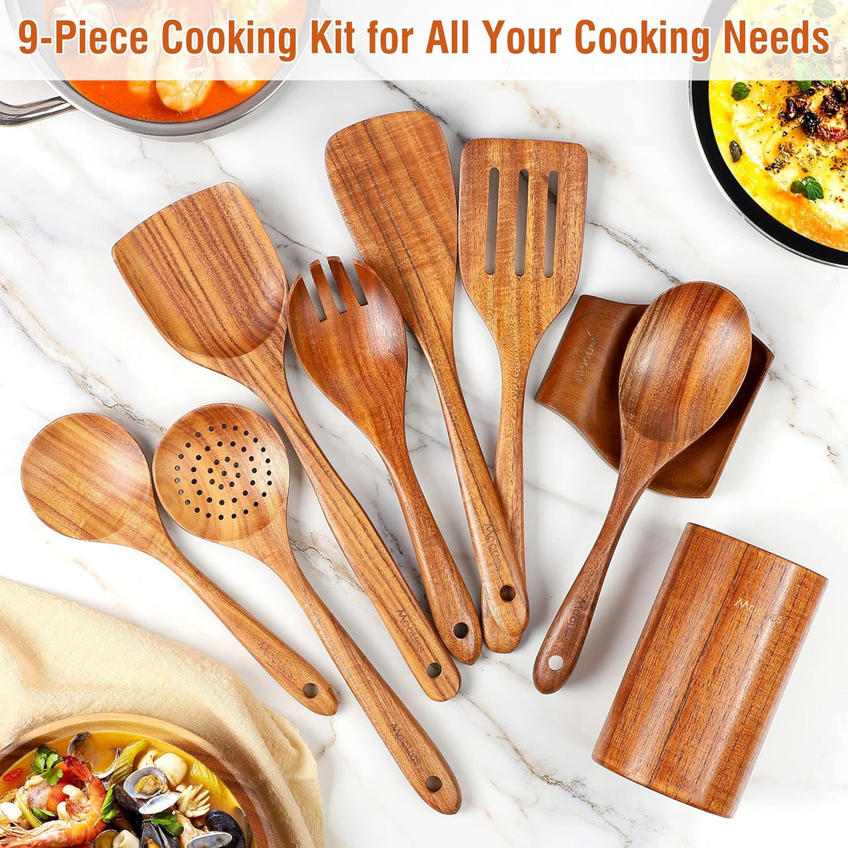 9‑Piece Natural Teak Wooden Kitchen Utensil Set with Spoon Rest and Holder