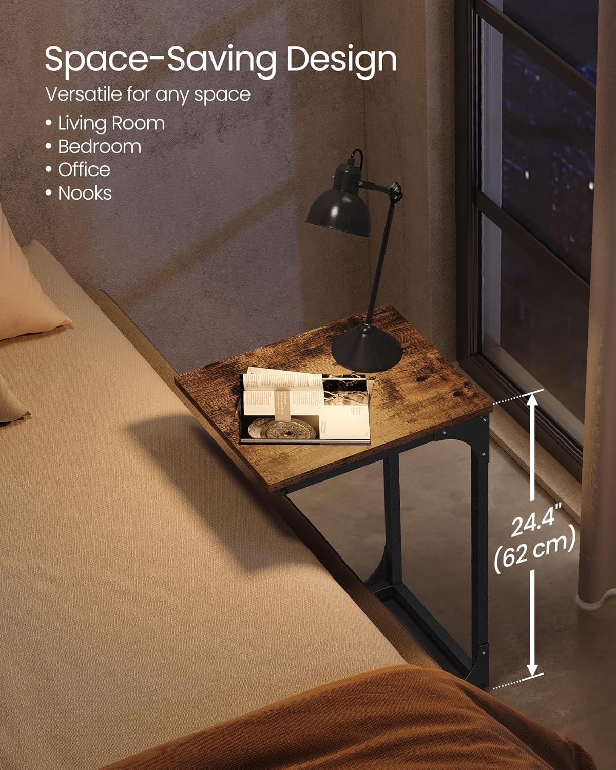 VASAGLE C-Shaped End Table, Small Side Table for Couch, Sofa Table with Metal Frame for Living Room, Bedroom, Bedside, Rustic Brown and Black