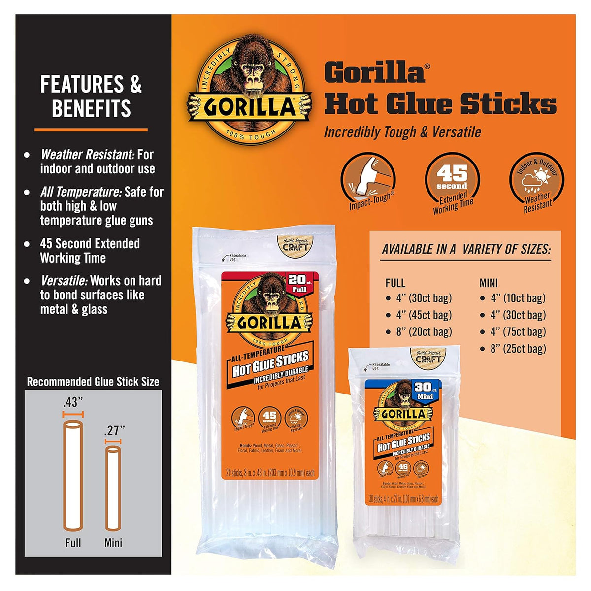 Gorilla Hot Glue Sticks, Clear Glue, Mini Size 4" Long x 0.27" Diameter, 75 Count (Pack of 1) - Safe for All Temperatures with Extended Working Time