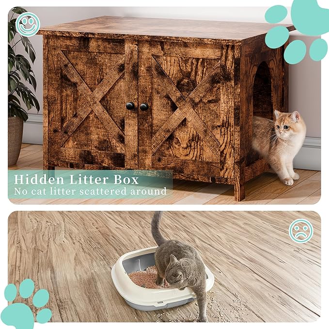 Vongrasig Cat Litter Box Enclosure,Litter Box Furniture Hidden with Barn Door,Wooden Cat Washroom Furniture,Cat House,End Table, Fit Most of Litter Box, Brown