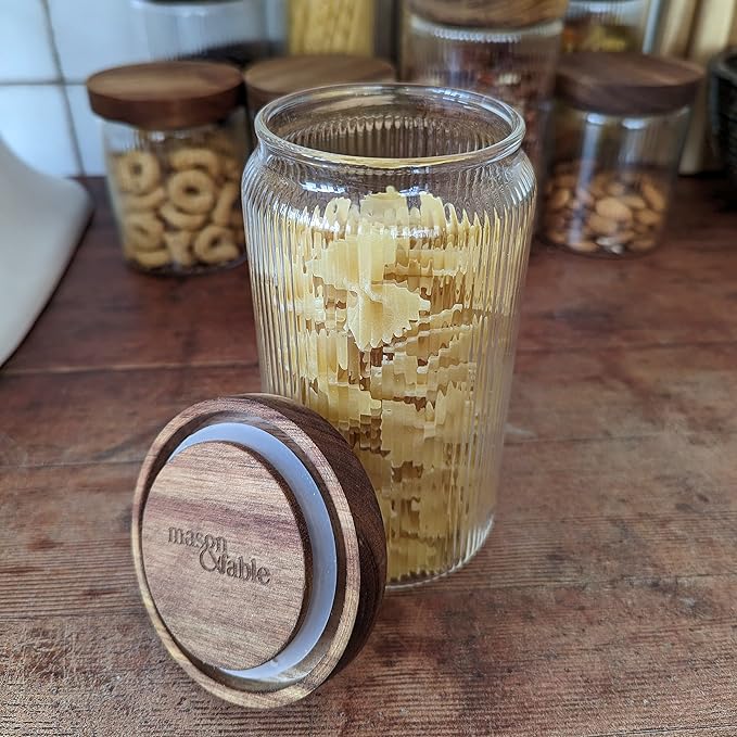 Mason & Fable Ribbed Glass Jars with Wooden Lid 27 fl oz- Set of 3 | Airtight Fluted Storage Container for Pasta, Coffee, Candy, Dog Treats, Snacks | Glass Organization Canisters for Home & Kitchen