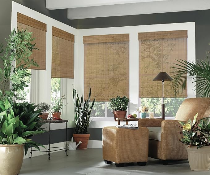 Cordless Woven Wood Roman Shades, 67W x 36H, Bamboo Mesh Natural, Sizes 20-72