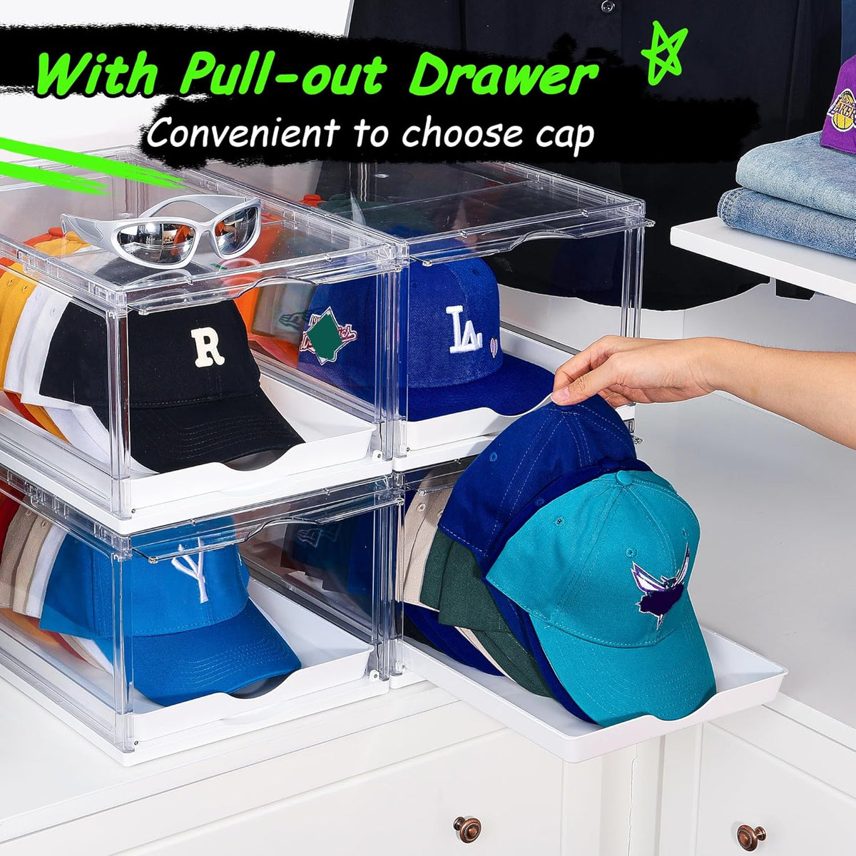 Vtopmart 2 Pack Hat Organizer for Baseball Caps, Clear Hats Holder Box with Drawer, Large Cap Storage with Sliding Tray, Stackable Rack Display Case with Magnetic Door, Each Holds 12 Hats