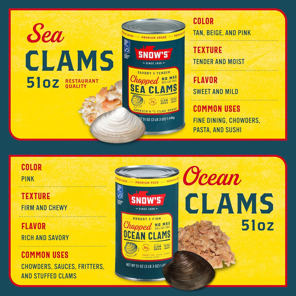 Snow's Ocean Chopped Clams Canned, 51 oz Can - 7g Protein per Serving - Gluten Free, No MSG, 99% Fat Free - Great for Pasta & Seafood Recipes