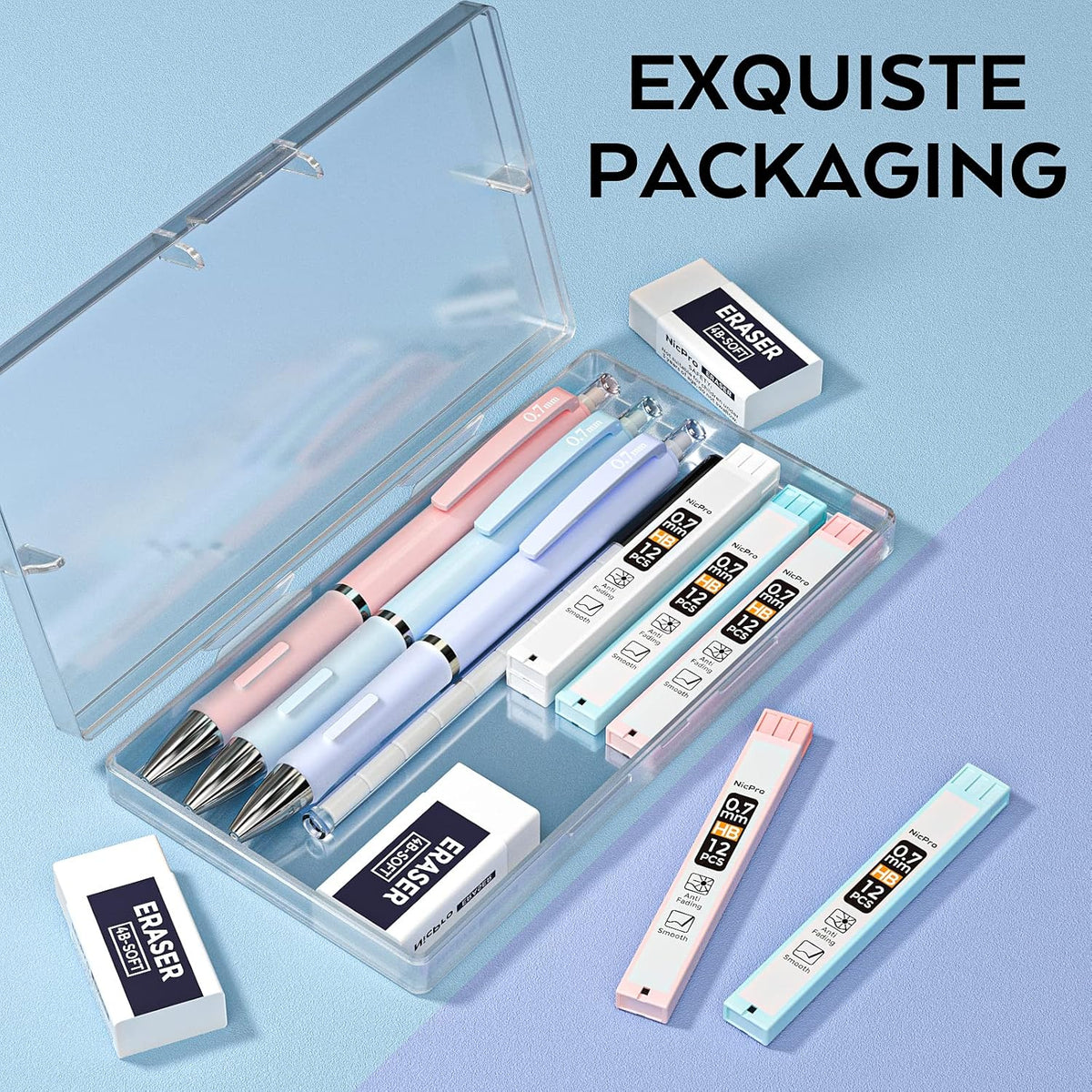 Nicpro 3PCS Cute Mechanical Pencil Set with Case, 0.7 mm Pencils with 6 Tube HB Lead Refill, 3PCS Eraser, 9PCS Eraser Refill for School Supplies Kid Student Writing, Drafting Drawing Sketching