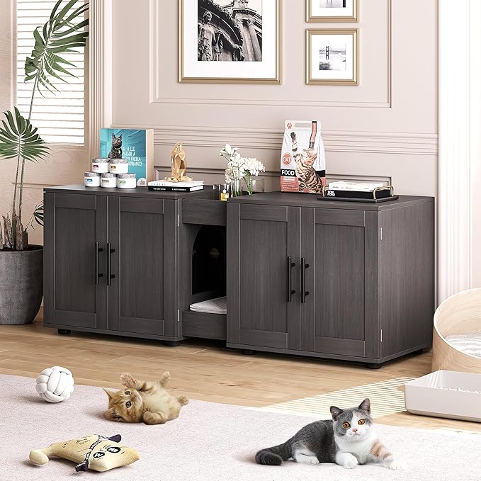 Gaomon Litter Box Enclosure with Double Room,Cat Hidden Litter Box Enclosure Furniture for 2 Cats with Double Room, 55”L x 17.7”W x 22.5”H Cat House,Wooden Enclosed Cat Litter Box Furniture,Walnut