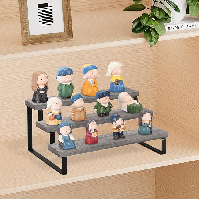 YINMIT Wooden Display Riser Stand, Tiered Perfume and Cologne Organizer Stand, 3 Tier Spice Rack Organizer, Rustic Display Shelf for Candles (3 Tier,Grey)