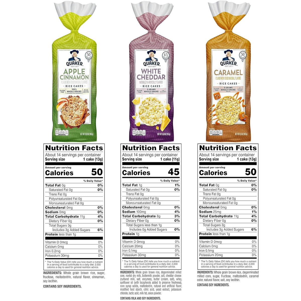 Quaker Large Rice Cakes, Gluten Free, 3 Flavor Variety Pack, 6 Count