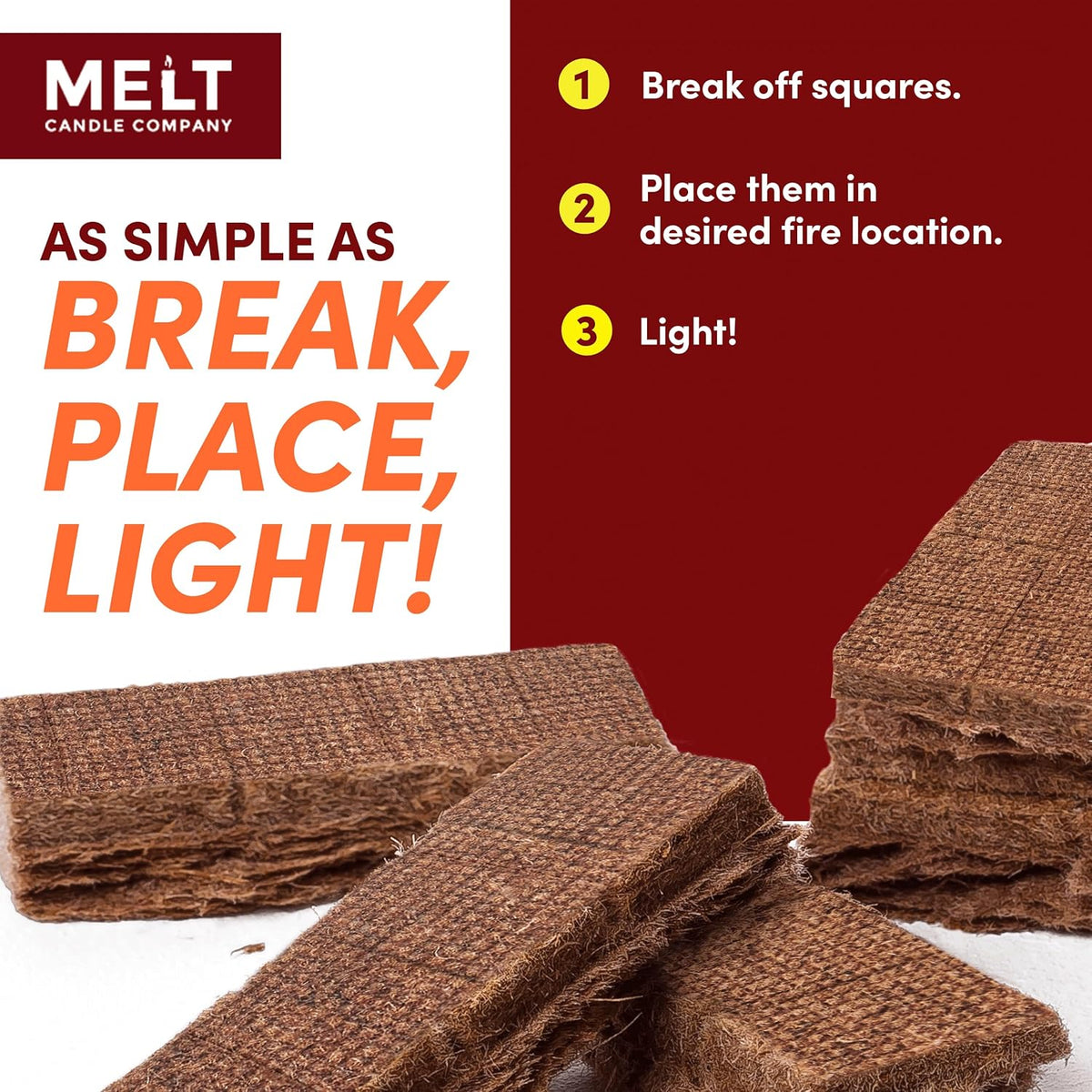 Melt Candle Company Fire Starter Squares, 160 Pieces - Fire Starters Kit for Campfires, Grill, Outdoor Fire Pit, Fireplace, BBQ - Water Resistant & Odorless - Camping Accessories