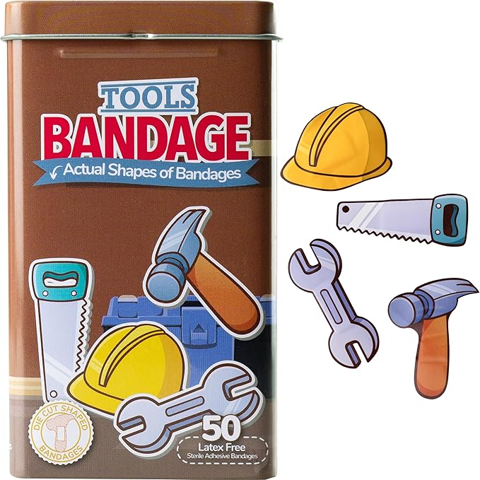 BioSwiss Bandages, Tools Shaped Self Adhesive Bandage, Latex Free Sterile Wound Care, Fun First Aid Kit Supplies for Kids and Adults, 50 Count