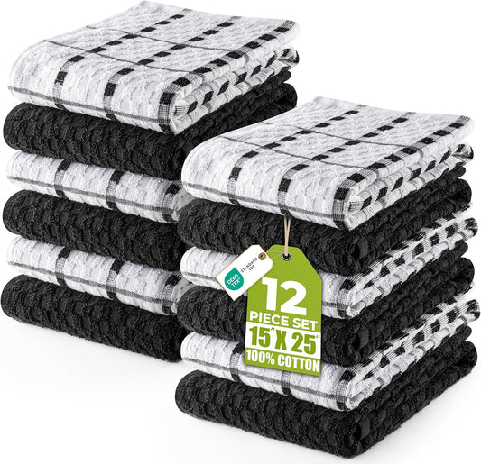 Utopia Towels - Kitchen Towels 12 Pack, 15 x 25 Inches, 100% Ring Spun Cotton Super Soft and Absorbent Linen Dish, Tea and Bar Towels Set, Black