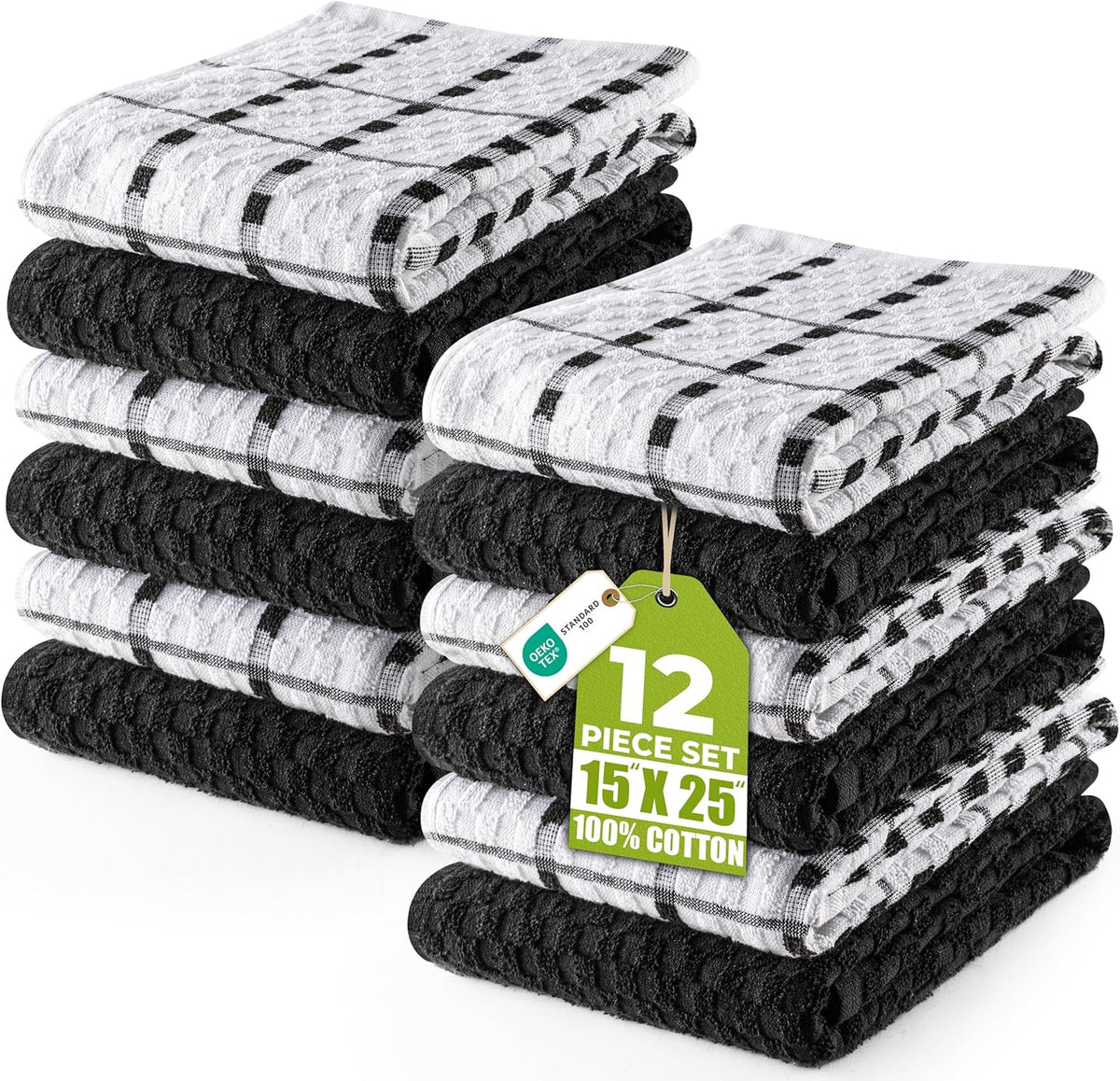 Utopia Towels - Kitchen Towels 12 Pack, 15 x 25 Inches, 100% Ring Spun Cotton Super Soft and Absorbent Linen Dish, Tea and Bar Towels Set, Black