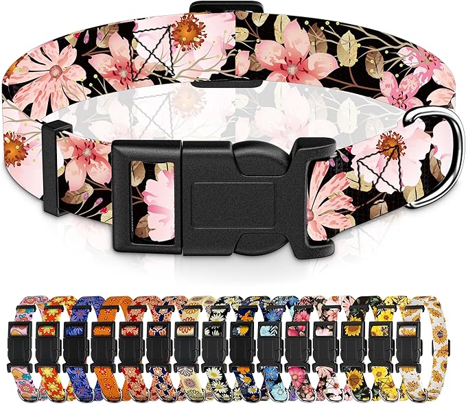 Dog Collar for Boys Girls, Floral Puppy Collar for Small Medium Large Dogs, Adjustable Floral Pattern Soft Pet Collar with Safety Buckle for Male Females(Light Pink,L)