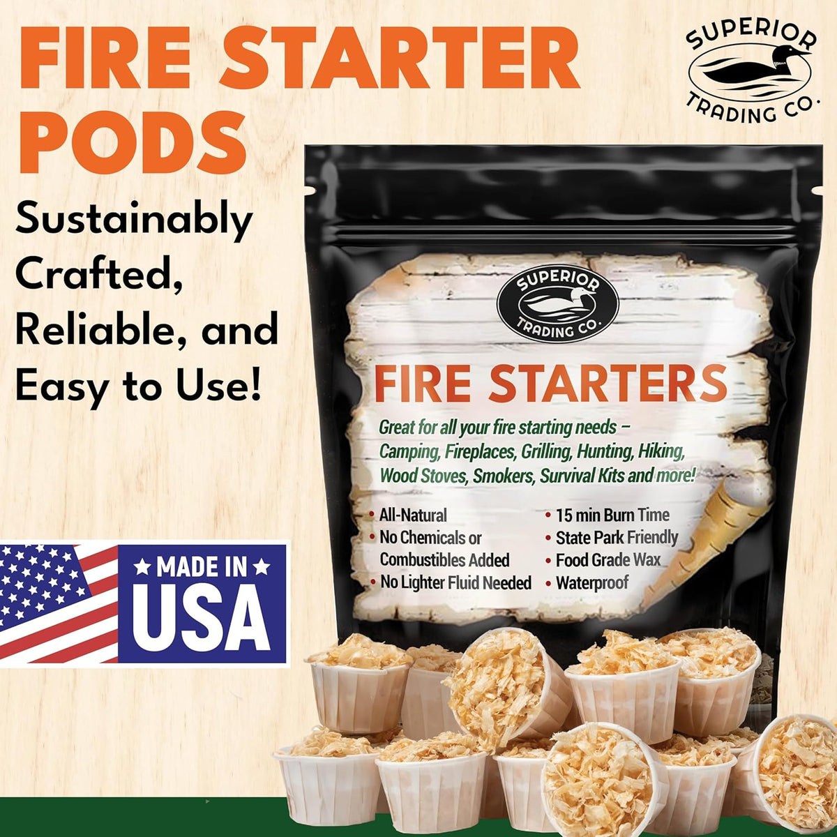 Superior Trading Fire Starter Pods in Resealable Packs - Fire Starters for Campfires, BBQ, Grill, Pit, Wood Stove & Charcoal Starter, 15-20-Min Burn, 30 Extra Large Pods, USA Made, Brown, 3.2 Lbs