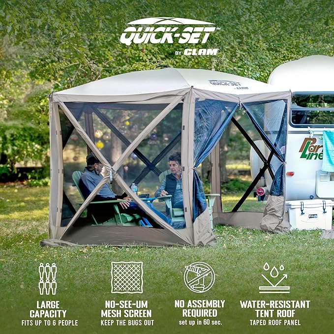 CLAM Pop Up Screen Tent, Outdoor Camping Gazebo Canopy, Venture, 9' x 9', Gray