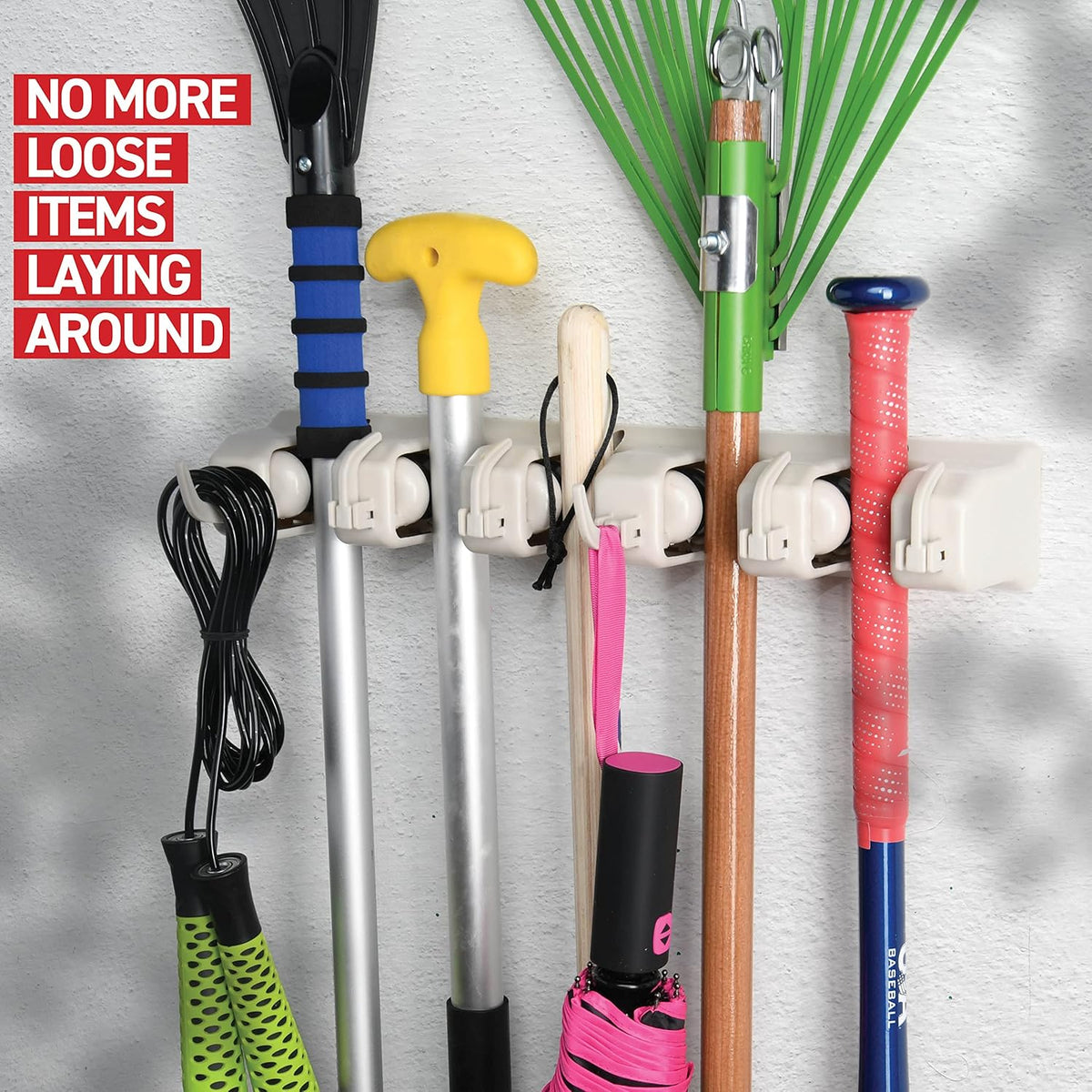 HOME IT Mop And Broom Holder Wall Mount - Garage Storage Systems with 5 Slots, 6 Hooks, 7.5lbs Capacity Per Slot - Garden Tool Organizer For Home, Kitchen, Closet, Garage, Laundry Room - Off-White