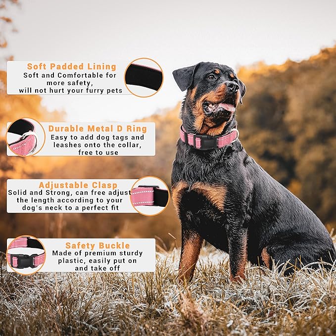2 Pack Reflective Dog Collar with Safety Locking Buckle, Adjustable Soft Breathable Comfortable Nylon Pet Collar for Small, Medium and Large Dogs, Pink, S