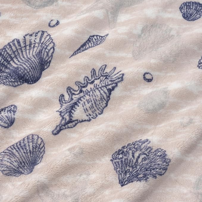 Berkshire Blanket-Classic Heavyweight Soft Printed VelvetLoft® Plush Blanket, Full/Queen Size Soft Fuzzy Warm Blanket for Couch Sofa Bed, Classic Shells Navy, 90in x 90in