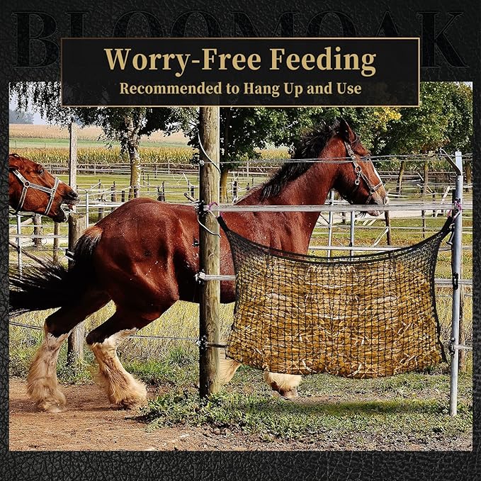 Bloomoak Knotless Slow Feed Hay Net with 4 Carabiner Clips for Horses/Open Top Hanging Hay Bag with Large Capacity for Full Day Feeding/Trailer (1.75" Hole for Slow Feed, M 35 * 31")…