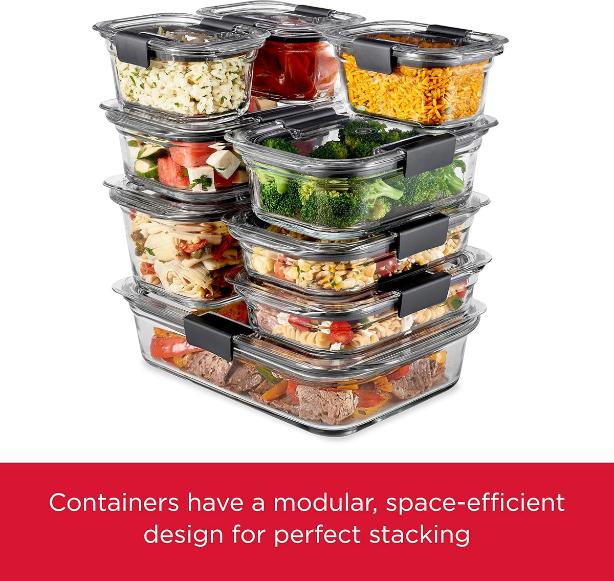 Rubbermaid Brilliance Glass Food Storage set of 4 containers 8 total pieces (4 containers + 4 lids) for Lunch Meal Prep and Leftovers Dishwasher and Oven Safe Clear/Grey