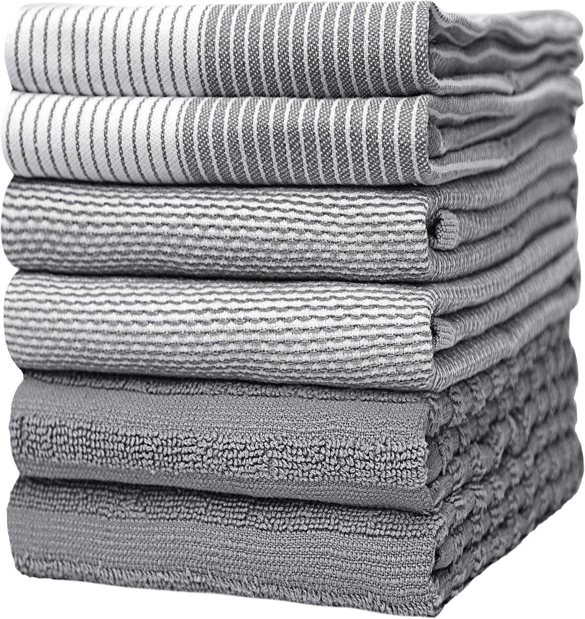Premium Kitchen Towels (20”x 28”, 6 Pack) | Large Cotton Dish Towels | Flat & Terry Highly Absorbent Kitchen Linen Set with Hanging Loop | Gray | 20"x 28", 6 Pack, Large, Cotton, Flat &