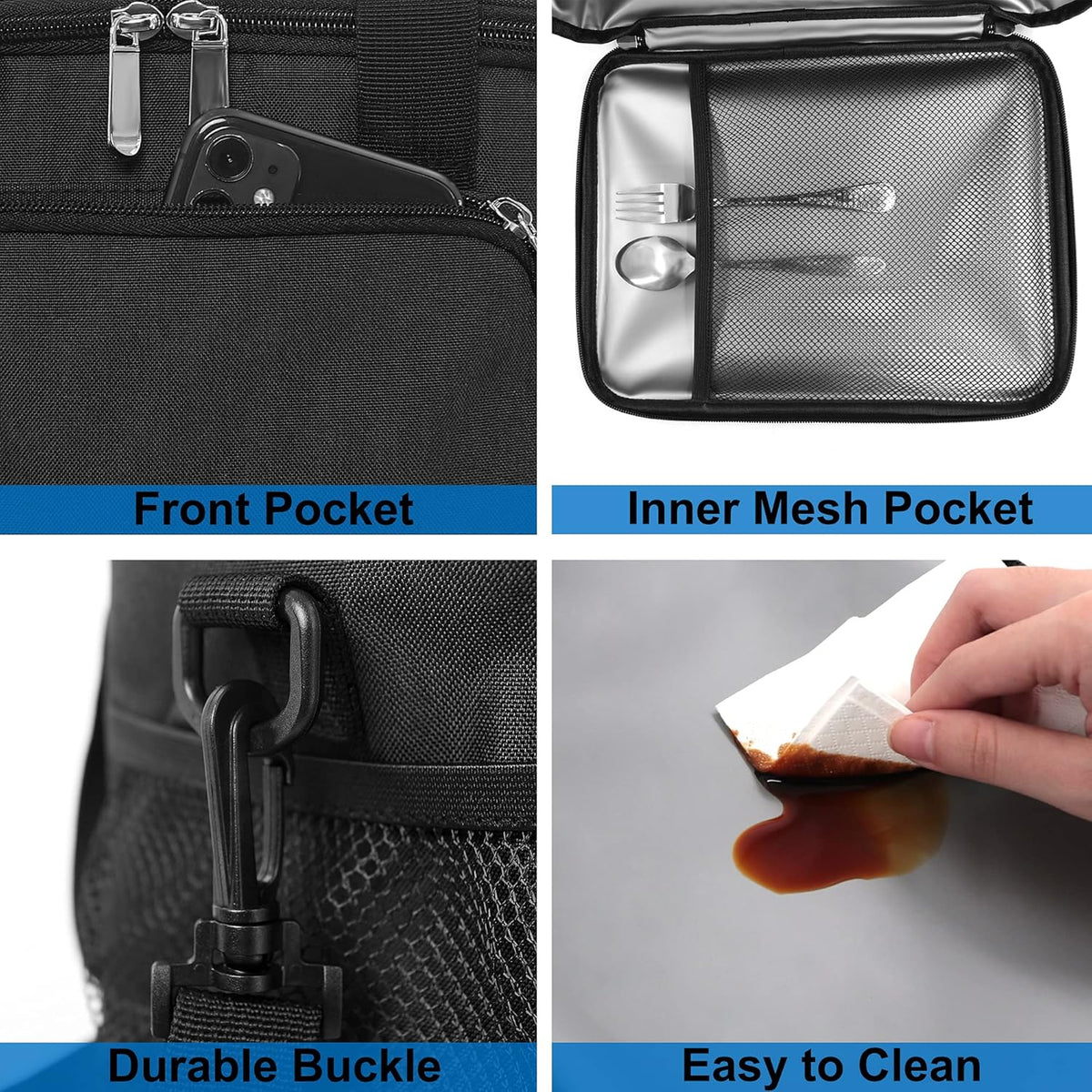 Femuar Reusable Lunch Box for Men/Women - Insulated Lunch Bag Leakproof Lunchbox for Work Office Picnic Beach - Freezable Lunch Cooler Bag with Adjustable Shoulder Strap - Black