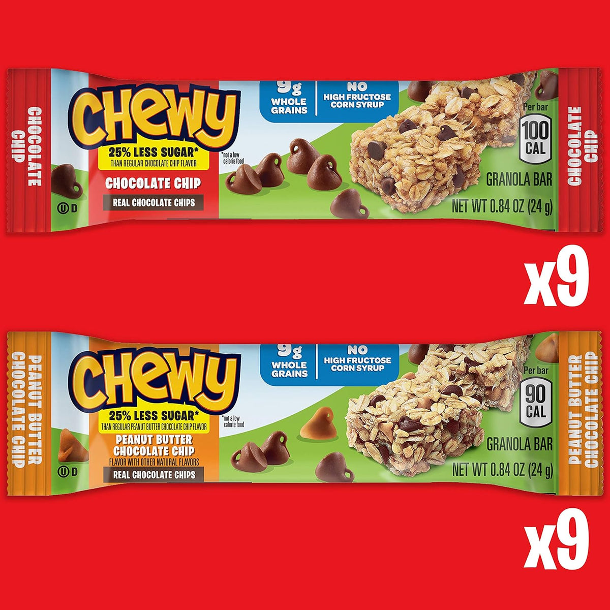 Quaker Chewy Granola Bars, 25% Less Sugar, 2 Flavor Variety Pack, (18 Pack)