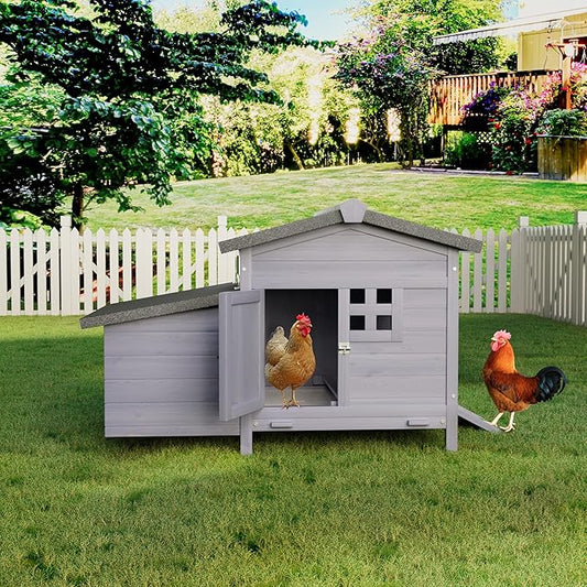 Outdoor Wooden Chicken Coop with Nesting Box – All-Weather Hen House for 3–4 Chickens, Asphalt Roof, Leak-Proof Pull-Out Tray, Predator-Proof Poultry Cage with Multiple Doors Gray