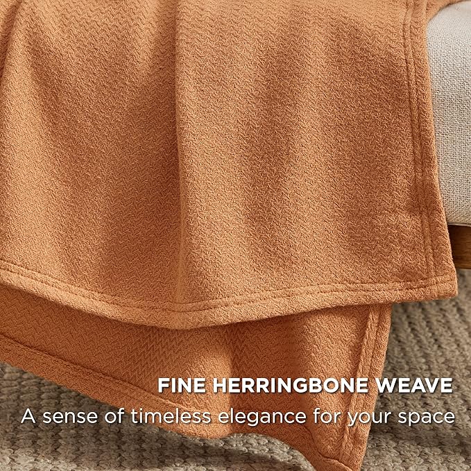 Bedsure 100% Cotton Blanket Twin XL Size for Bed - Breathable and Lightweight, Soft Cozy Textured Herringbone Woven Blanket for Summer Spring, Burnt Orange, 66x90 inches