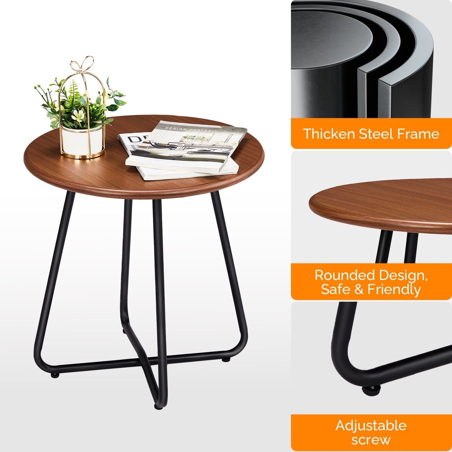 Xilee Outdoor Side Table with Imitation Wood Tabletop,19 Inch Round Table, Anti-Rust Waterpoof Metal Small Dining Table for Patio, Outside, Camping, Balcony