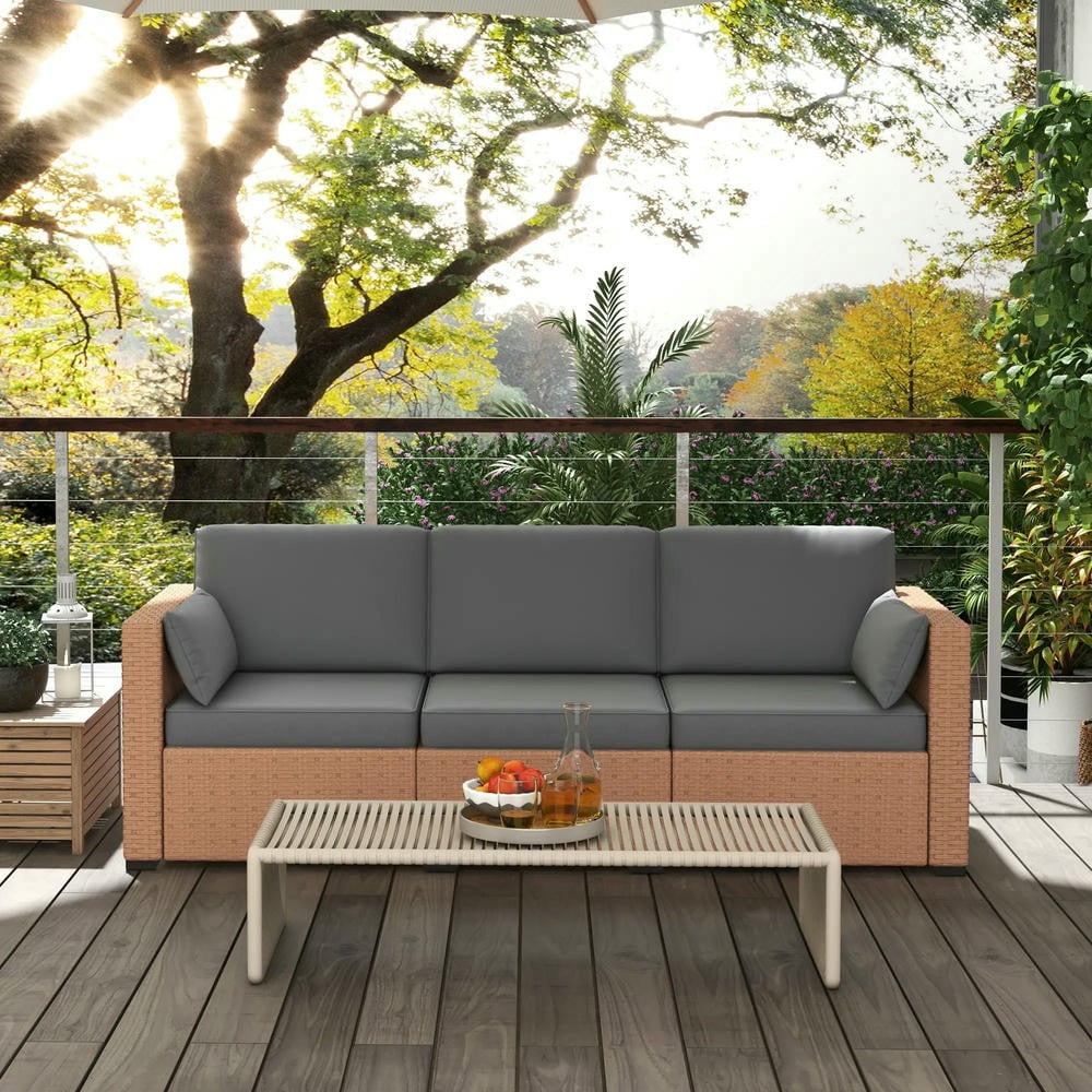 Barara King Patio Outdoor Sofa,Patio Couch PE Wicker Deep Seating Outdoor Sofa with Removable Cushions, 3 Seater Rattan Sofa, Sand