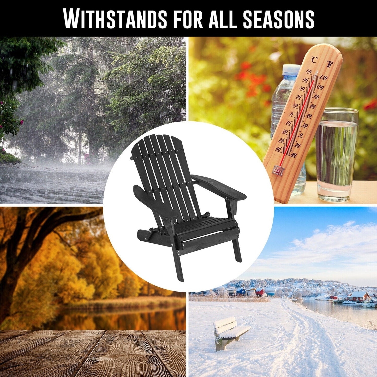 Galaxera Adirondack Chair All Weather Fire Pit Lounge Chair Easy Assemble Folding Chair-Black